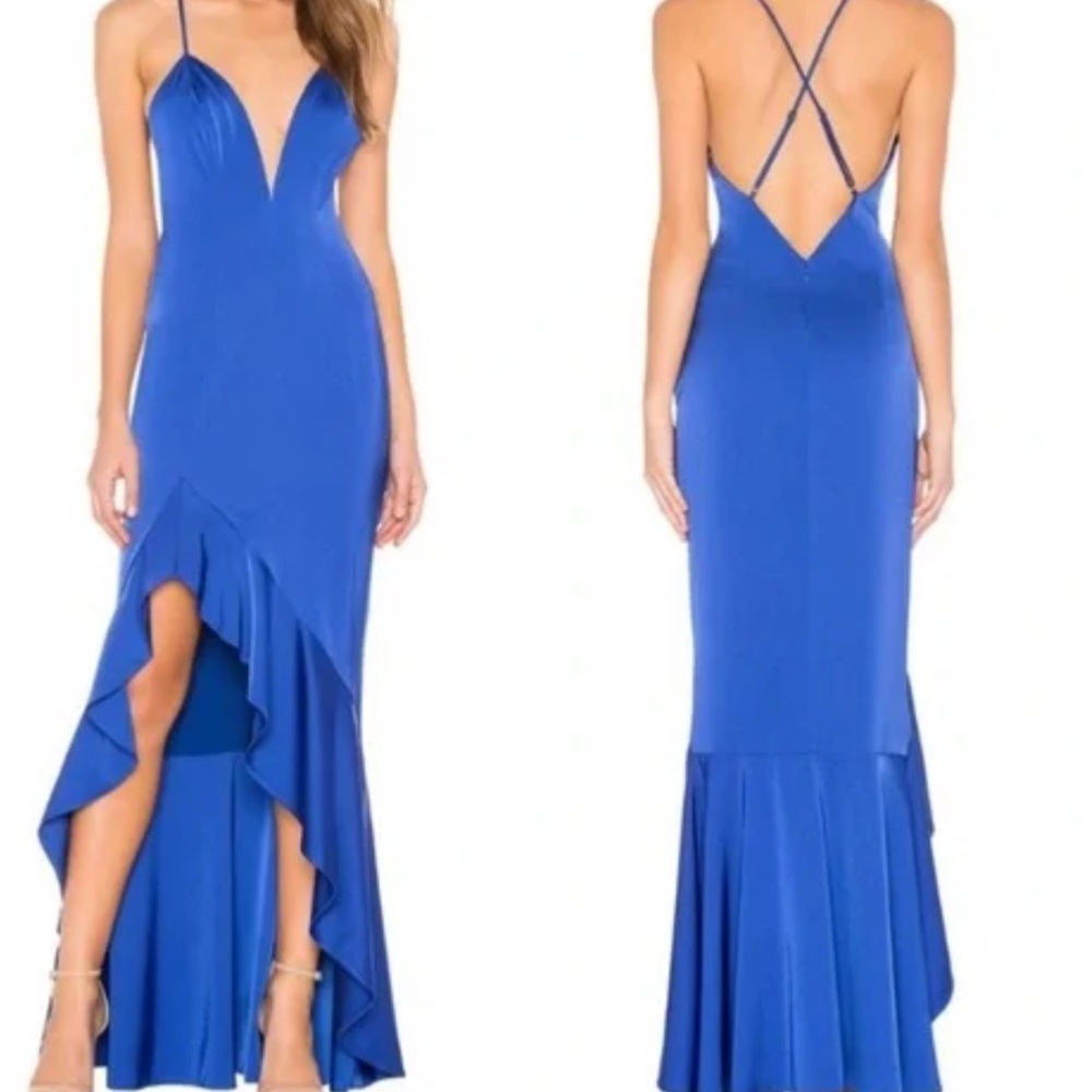 Lovers + Friends Carly Colbolt Blue High Low Plunge Elegant Asymetric Hem Gown.